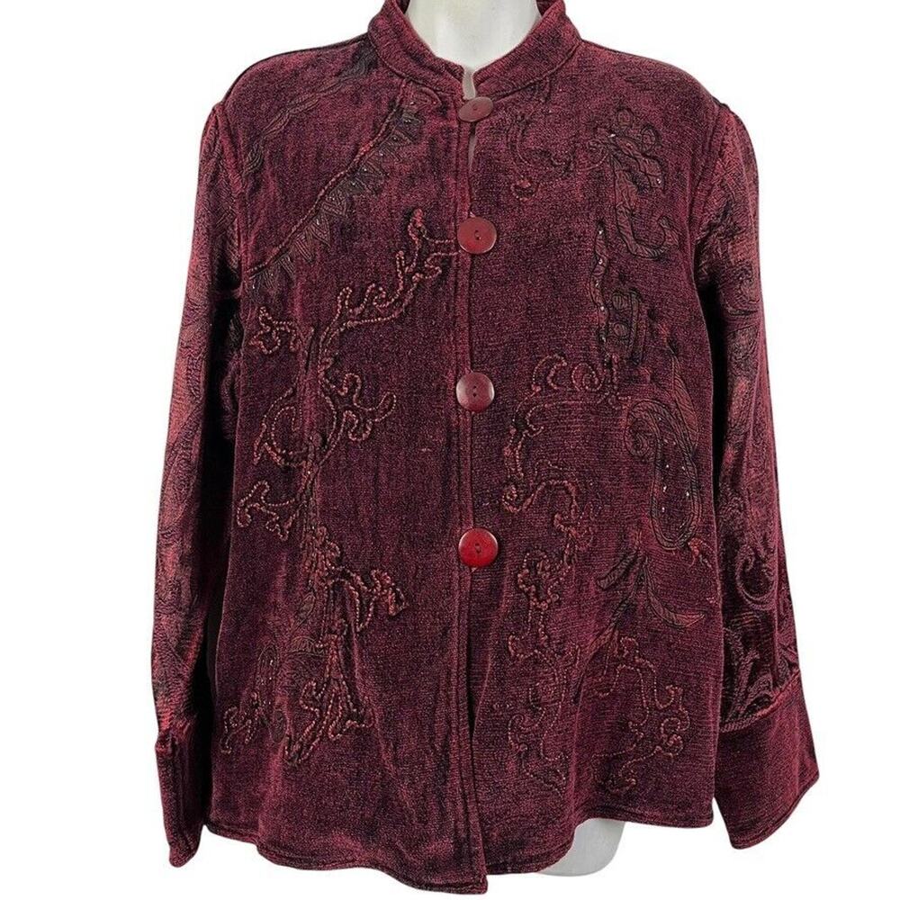 Flashback Burgundy Velvet Beaded Embroidered Whimsigoth Jacket Vintage Womens M